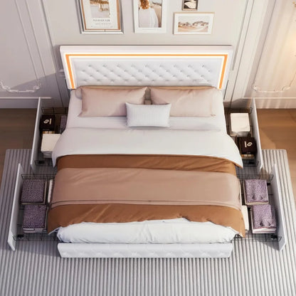 LED Upholstered Bed Frame with 4 Drawers | Adjustable Diamond Headboard • Wooden Slats • No Box Spring needed
