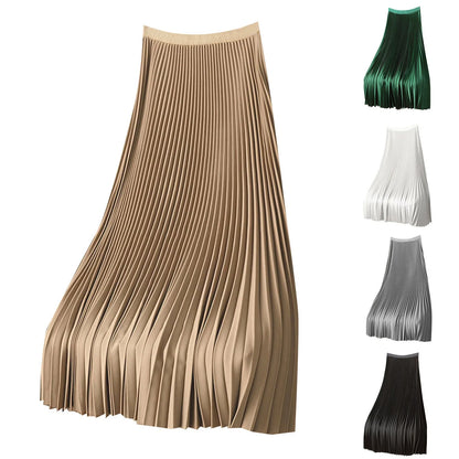 Elegant A Line Satin Long Skirt, Elastic High Waist, Pleated Skirt