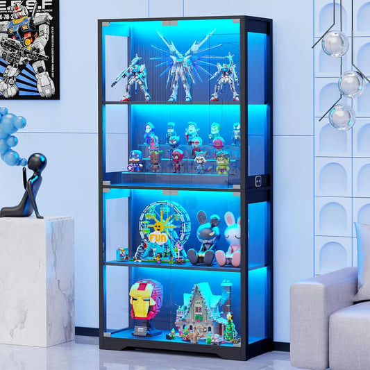 4-Tier Curio Cabinet with 3 Color Lights, Display Cabinet with Glass Doors,