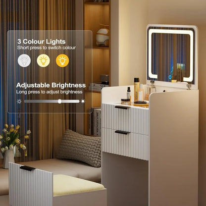 3 in 1 Small Vanity Set w/ Glass Desktop, 3 Drawers & Storage