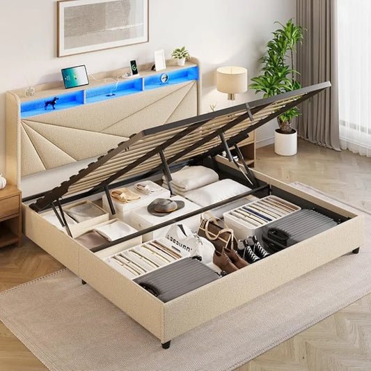 King Size Bed Frame with Storage, Lift Up Upholstered King Bed Frame with LED Lights Headboard and Charging Station, No Box Spring