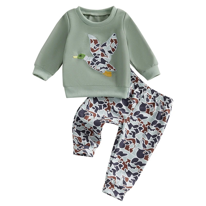 6MO-3T Spring Kids/Baby Boy Outfit Sets, Long Sleeve Duck Embroidery Pullover, Camouflage Pants
