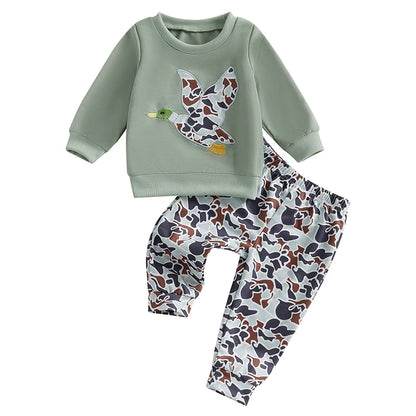 6MO-3T Spring Kids/Baby Boy Outfit Sets, Long Sleeve Duck Embroidery Pullover, Camouflage Pants