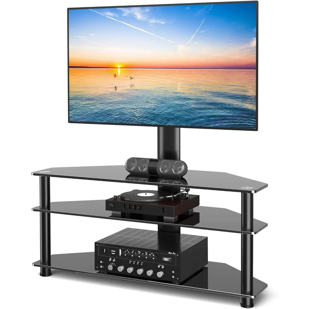 Swivel Floor TV Stand with Table for 32-70 Inch TVs, Universal Height Adjustable Stand with Large Storage Shelves