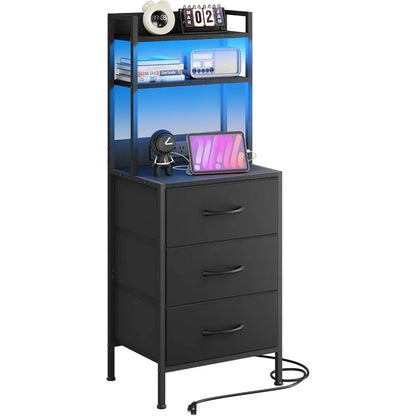 LED side table with U-S-B ports and sockets for charging piles, 3 drawers