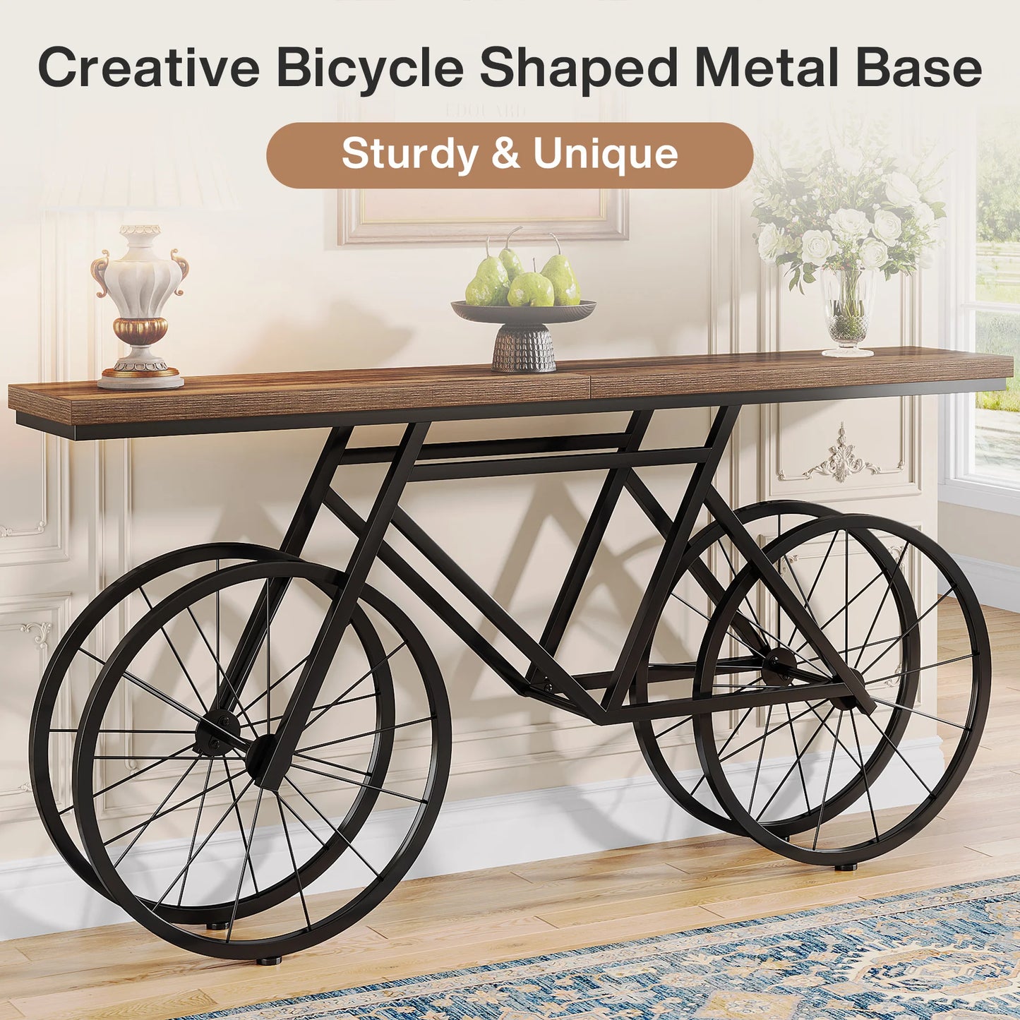 70.9-Inch Narrow Sofa Table with Bicycle Metal Base