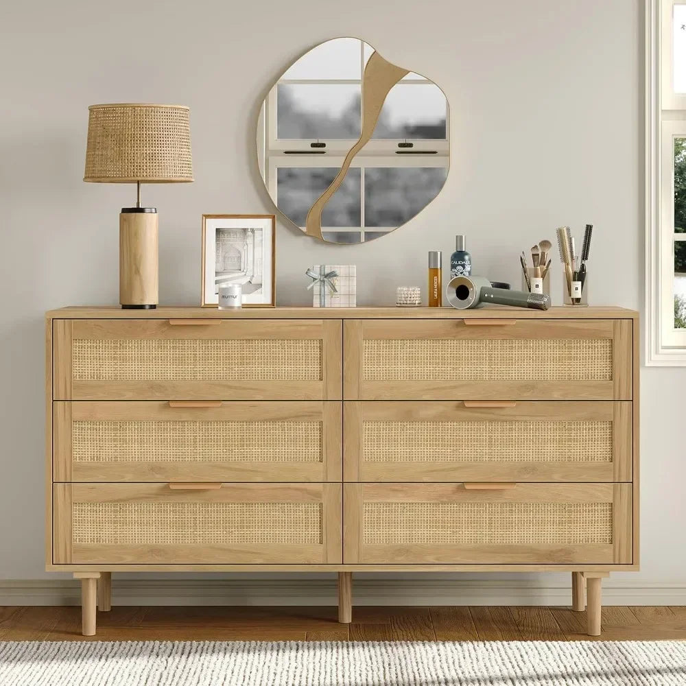 Rattan 6 Drawers Dresser with Wood Legs