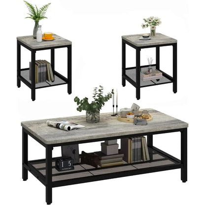 Industrial Coffee Table with 2 Square End Side Tables
