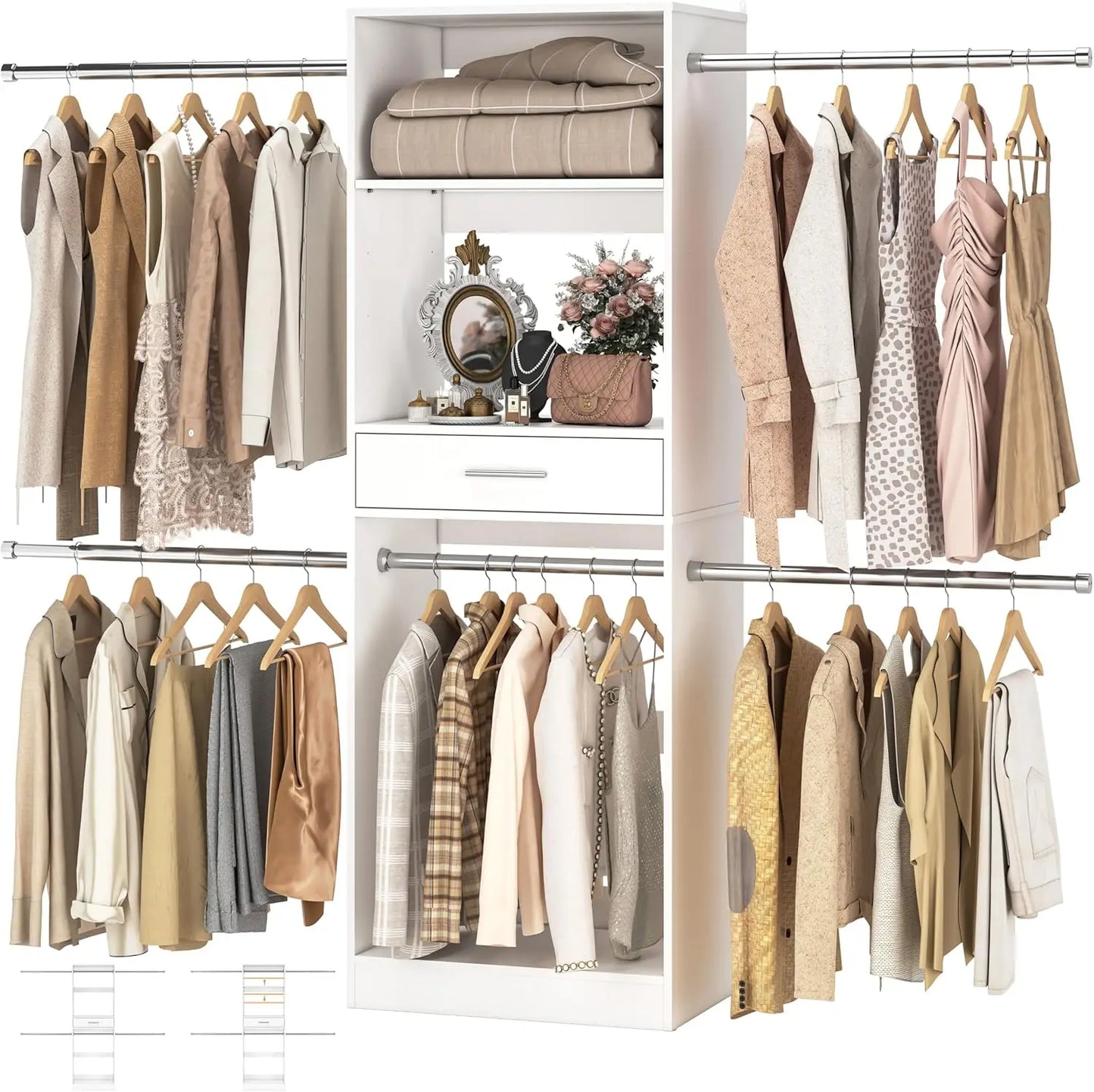 48" W - 96” W Closet System with Mirror, 8FT Walk in Closet Organizer Kits with Drawers and 3 Extendable Hanging Rod
