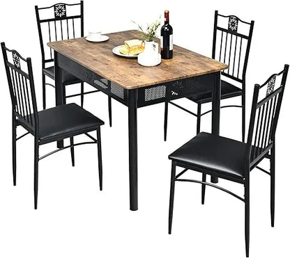 Kitchen Table and 4 Chairs Set with Metal Frame & Padded Seat