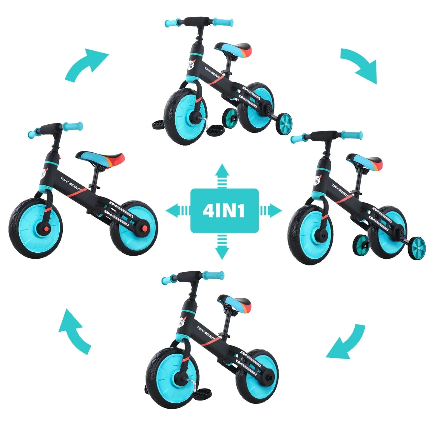 Tiny Scout Balance Bike 3 4 5 Years , 4-in-1 with Optional Support Wheels and Pedals, Saddle Height Adjustable
