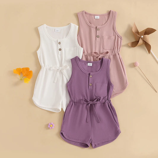 Little Girls Summer Casual Jumpsuit, Sleeveless, Crewneck, Solid Color Drawstring Tank Romper
