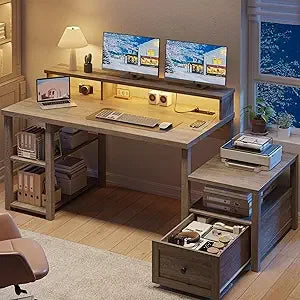 63" Farmhouse Style Computer Desk with Drawers and LED Lights, Storage Shelves and Power Outlets