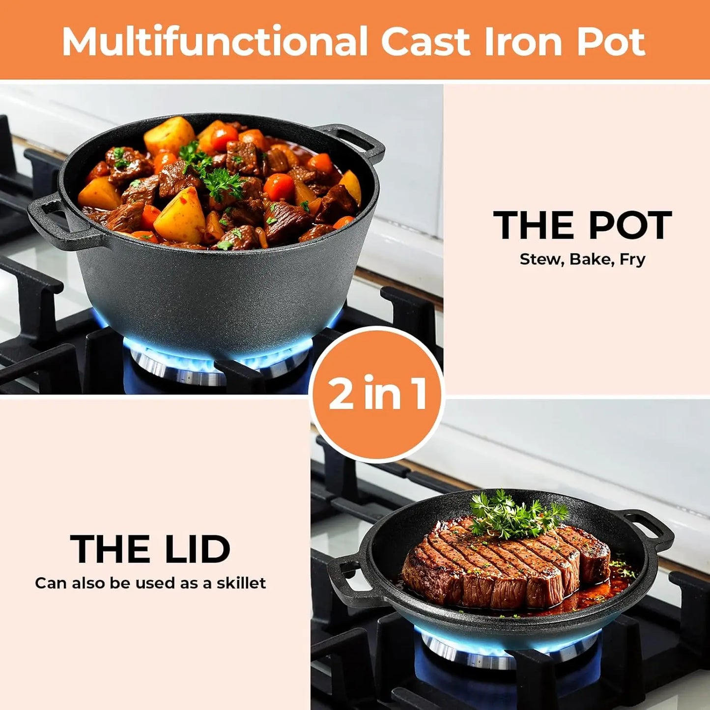 Pre-Seasoned Cast Iron Double Dutch Oven With Loop Handles, 5.1 Quart Pot