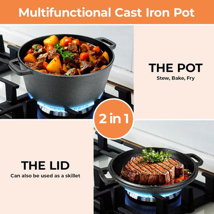Pre-Seasoned Cast Iron Double Dutch Oven With Loop Handles, 5.1 Quart Pot