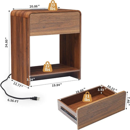 Set of 2, Nightstands  with Charging Station, Drawer Storage