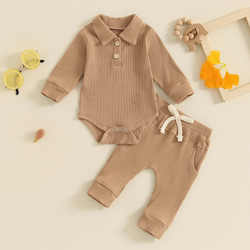 Autumn Infant Baby Boys Ribbed Set, Button Long Sleeve Romper, Drawstring Pocket Trousers