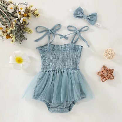 0-18M 2Pcs Summer Newborn Infant Girls, Ruffles Lace-Up Pleated Mesh Loose Romper+Hairband