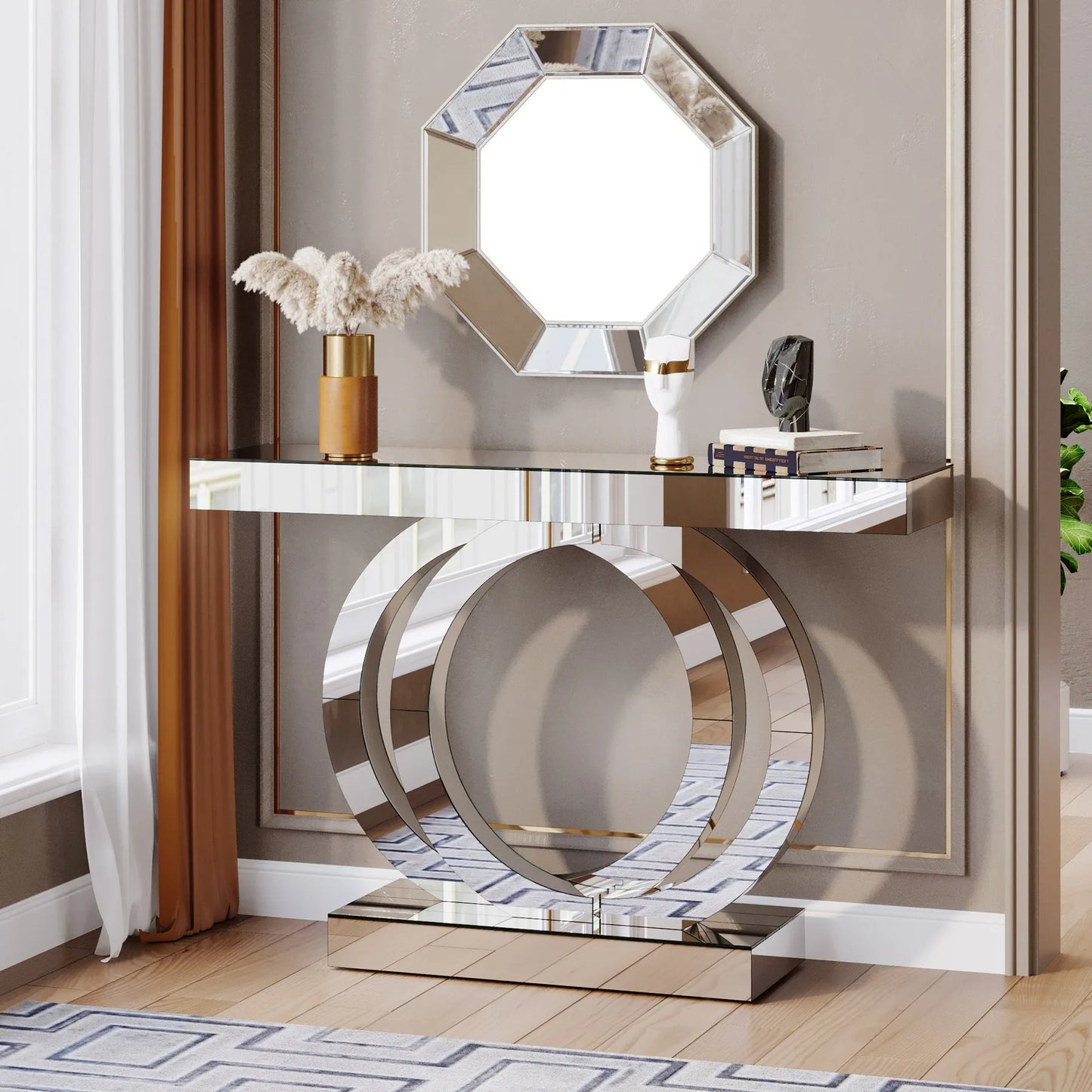 43.3-Inch Mirrored Console Entryway Table with Mirror Finish Tabletop