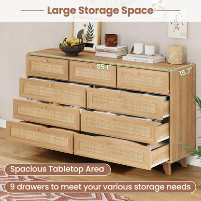9 Drawer Dresser with Natural Rattan Drawers
