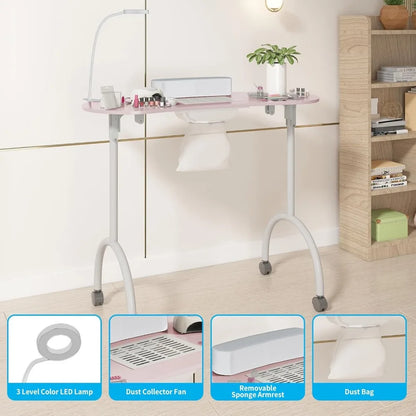 Foldable Manicure Table with Dust Collector Fan, LED Lamp, 4 Lockable Wheels and Carry Bag