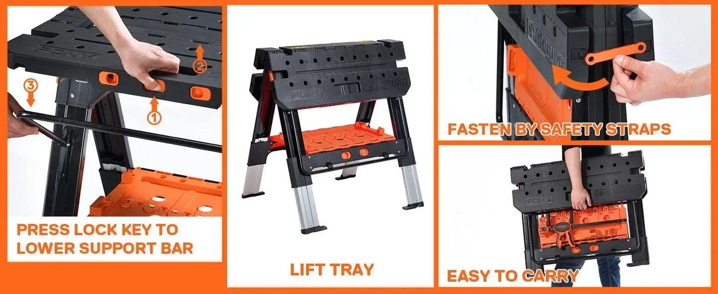 2-in-1 as Sawhorse & Workbench, Load Capacity 1000 lbs-Sawhorse & 500 lbs-Workbench