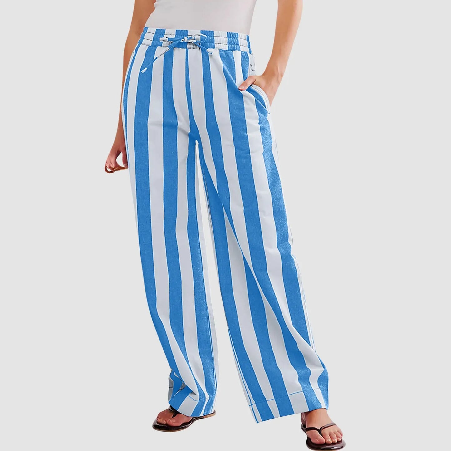 Women Casual Baggy Trousers, Striped Color Blocking, High Waist, Wide Leg, Pockets