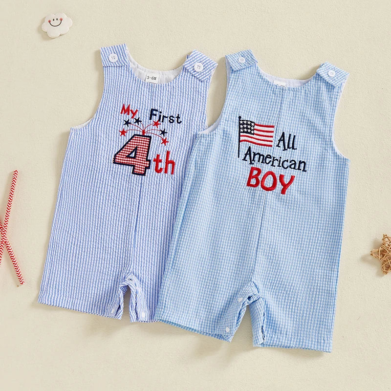 0-24 mo. Baby Boy 4th of July Romper, Star Letter Striped Sleeveless Overall Bodysuit