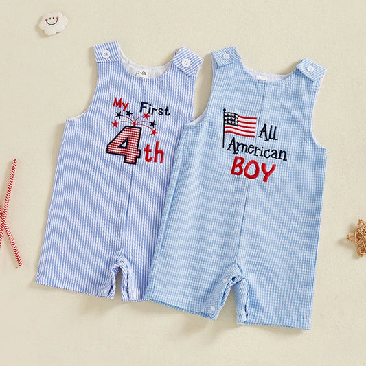 0-24 mo. Baby Boy 4th of July Romper, Star Letter Striped Sleeveless Overall Bodysuit
