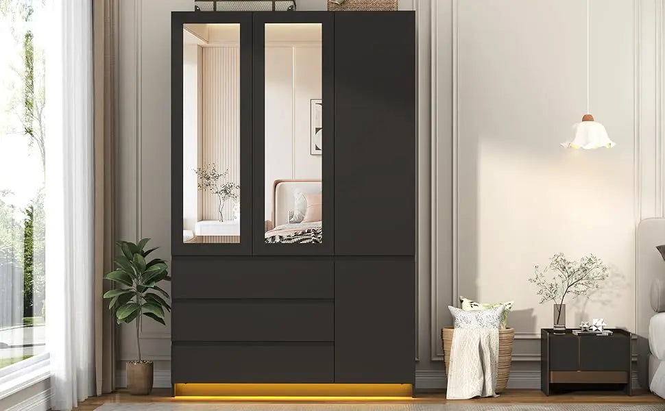 3 Door Armoire Wardrobe with 3 Drawers & Mirror, Hanging Rod, LED Lights