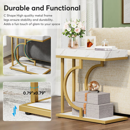 Narrow White Gold Side C Shaped End/Bedside Table