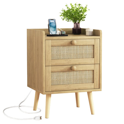 Rattan Nightstand with Charging Station, with 2 Drawers, Natural