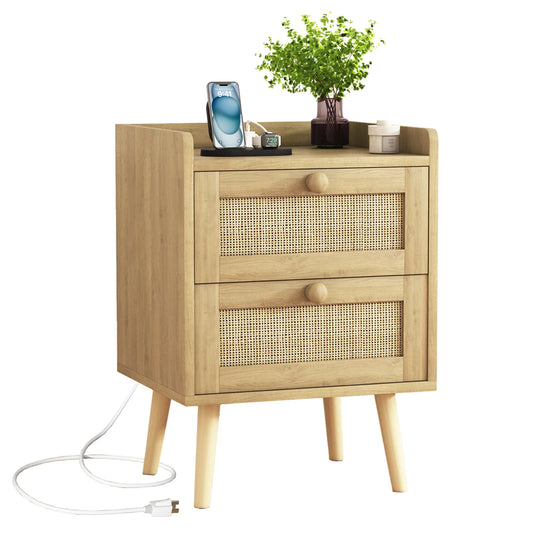Rattan Nightstand with Charging Station, with 2 Drawers, Natural