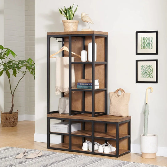 Acacia Wood Hall Tree with Bench Storage Shelves Metal Hanging Bar Entryway Organizer Modern Industrial Design