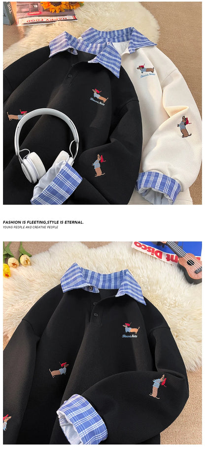 Unisex Plaid Patchwork Fake Two Sweatshirt, College Style Puppy Embroidery, POLO Collar