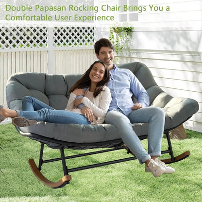 Double Papasan Patio Rocking Chair with Thick Cushions, 660LBS Capacity