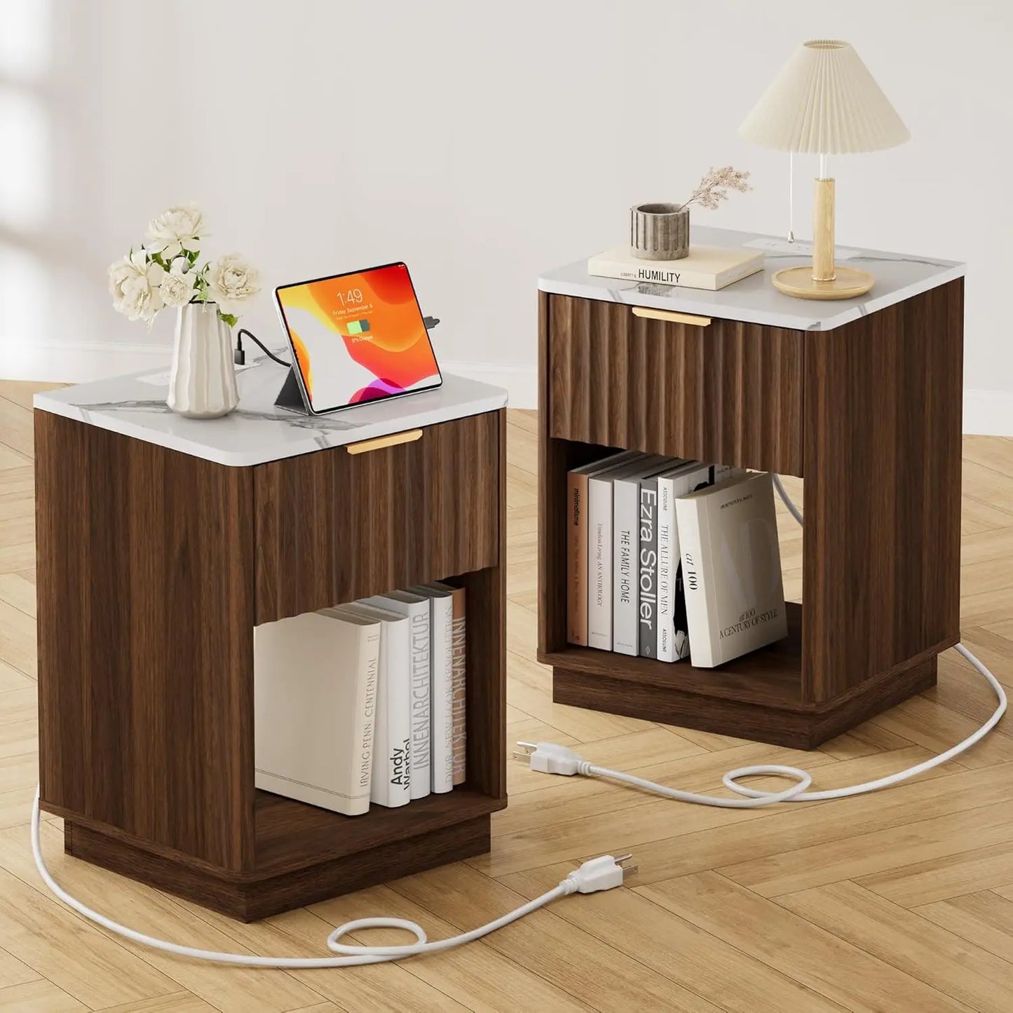 Set of 2 18" Side Tables with Charging Station, Drawer & Open Shelf