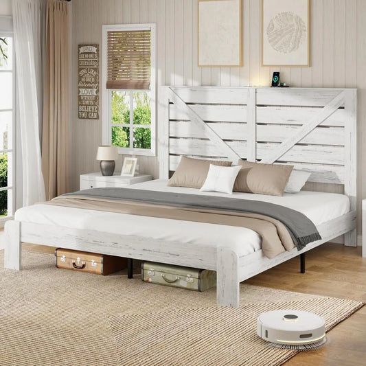 King Size Wooden Bed Frame with Headboard, Charging Station & LED Lights