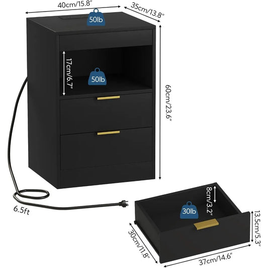 LED  Side stand with Charging Station, with 2 Pull-out drawers and Pull-out Shelf