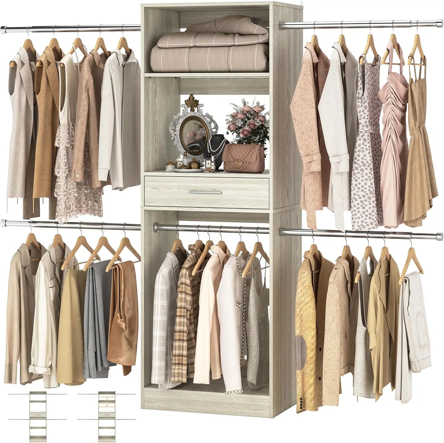 48" W - 96” W Closet System with Mirror, 8FT Walk in Closet Organizer Kits with Drawers and 3 Extendable Hanging Rod