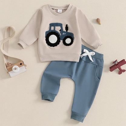 3-36 MO Boy Outfit, Tractor Embroidery Long Sleeve Sweatshirt with Solid Long Pants