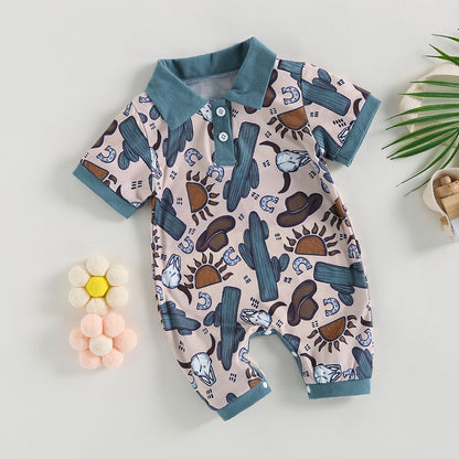 0-18 mo Infant Baby Boys Jumpsuit, Casual Head Print, Short Sleeve Romper