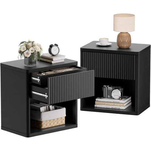 Set of 2, 22.8" W Nightstand  with Hidden Drawers and Open Shelves
