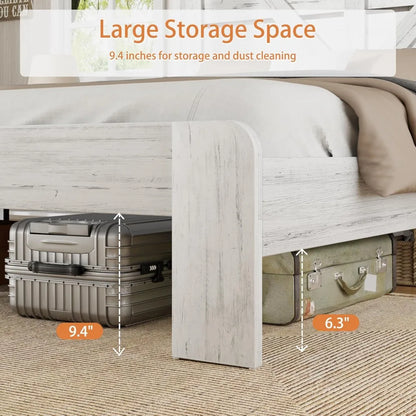 King Size Wooden Bed Frame with Headboard, Charging Station & LED Lights