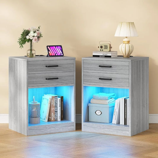 Set of 2 Side Stands with Charging Station and LED Lights