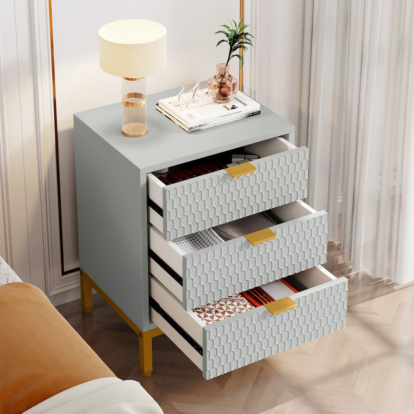 25.78" Tall Bedside Table with 3 Drawers
