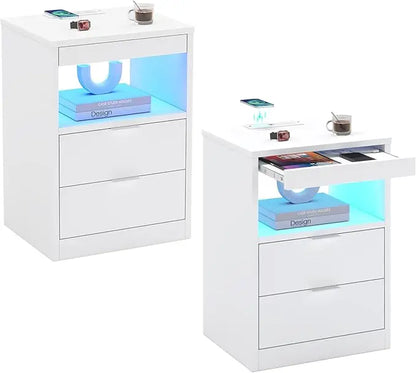 Set of 2 Night Stand with Wireless Charging Station and LED Lights with Pull-Out Shelves
