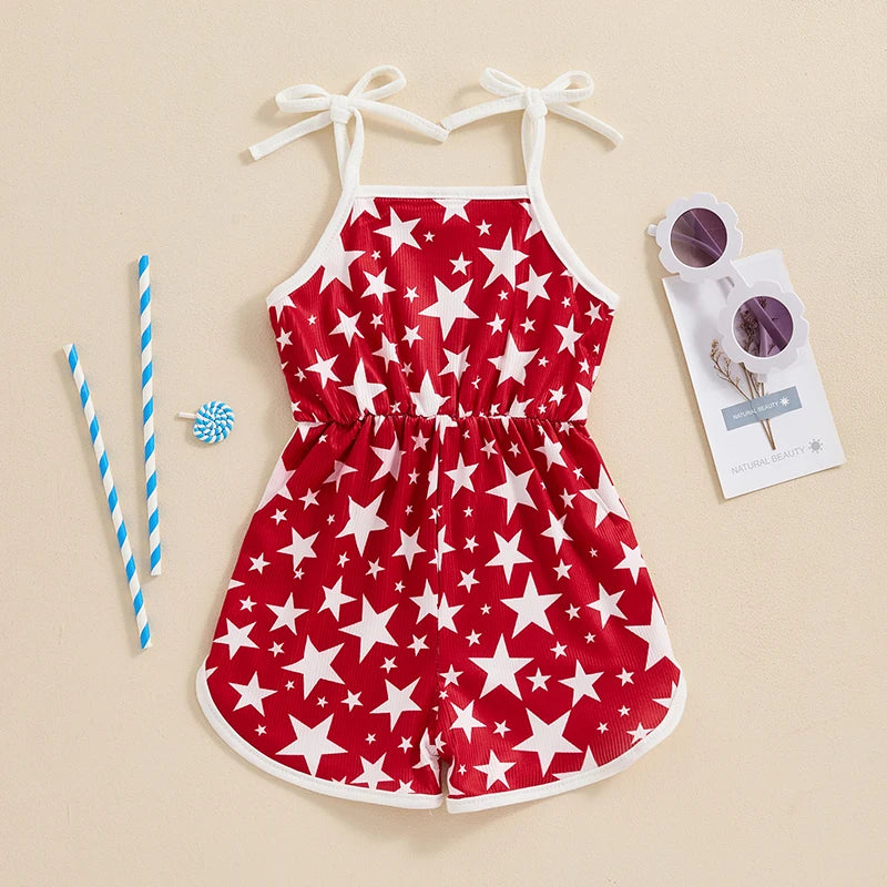 18MO-5T Girls Jumpsuit Tie-up Spaghetti Straps Stars Print Romper 4th of July