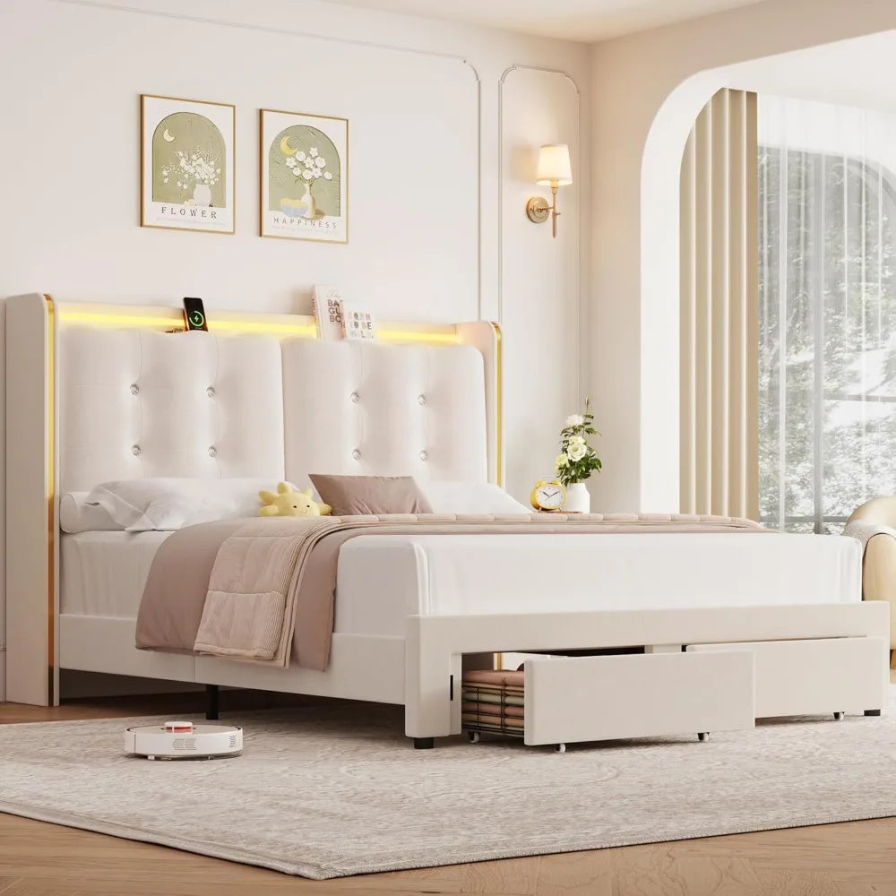 Upholstered Full LED Bed Frame with Charging Station and Storage Drawers, Platform Bed Frames