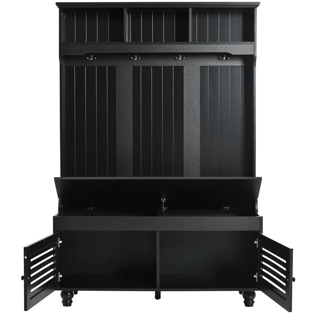47.2'' Wide Hall Tree with Storage, 5-in-1 Entryway Bench with Shutter-shaped doors, Coat Rack, Cushion and 4 Sturdy Hooks